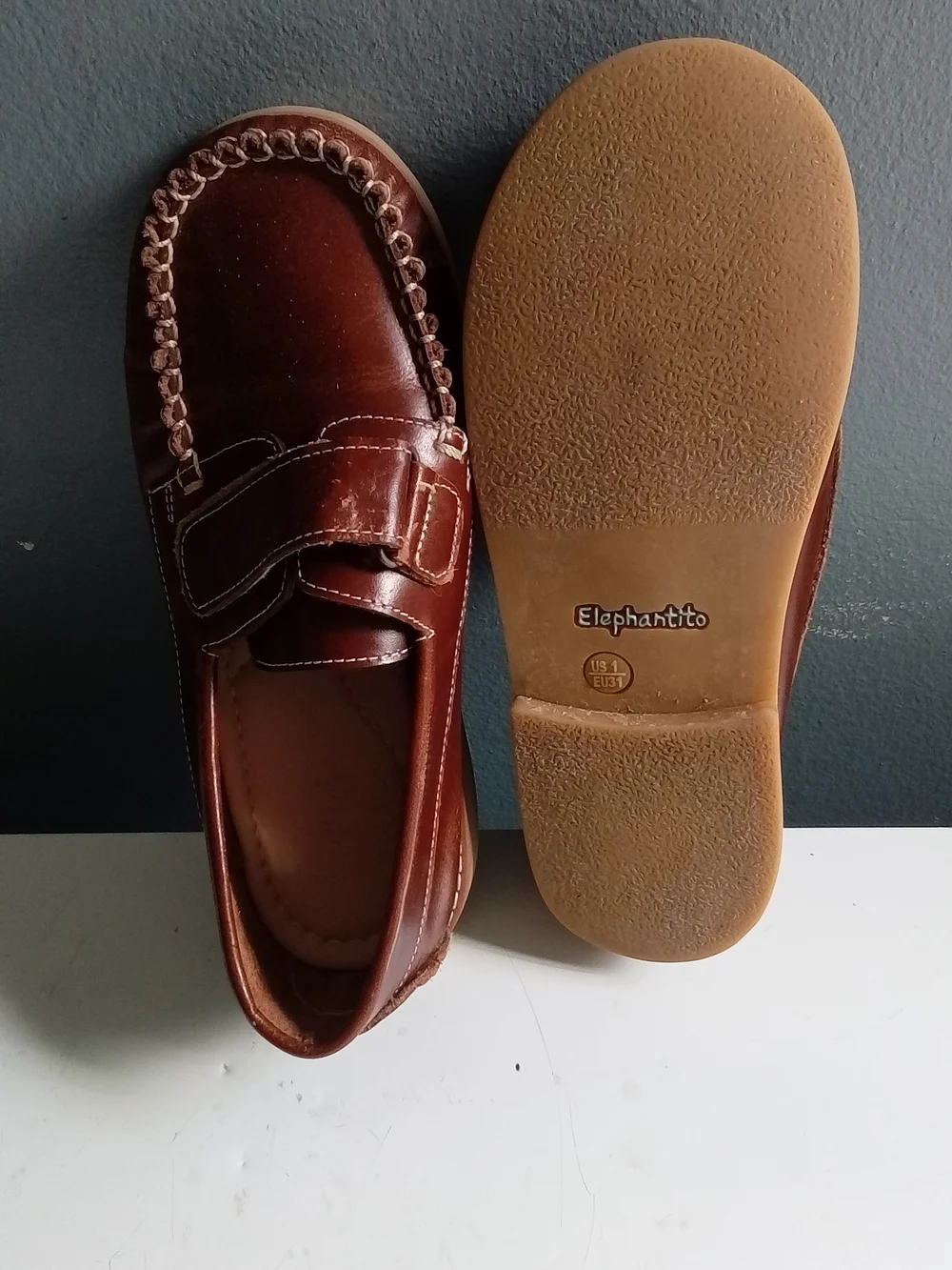 Elephantito Boys Leather Moc Toe Loafers Brown Hook‎ Loop Strap Size 1 EU 31